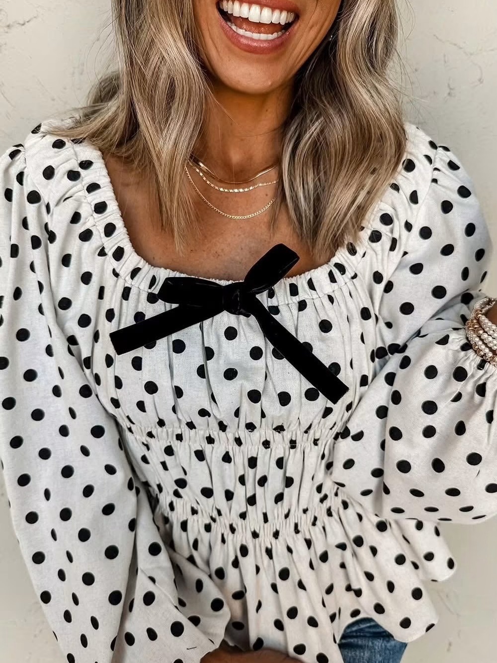 Black & White Polka Dot Smocked Peasant Dress with Bow